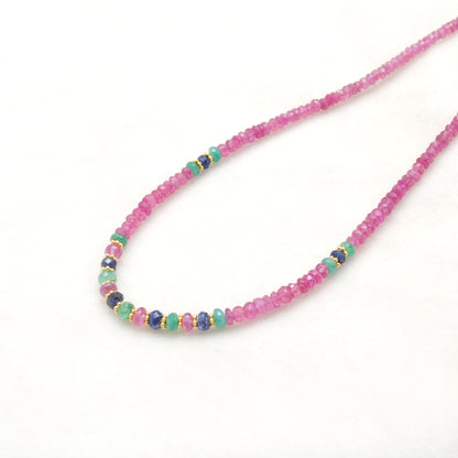 Handmade Ruby Emerald Sapphire Multi-Gemstone Necklace - Flat Lay