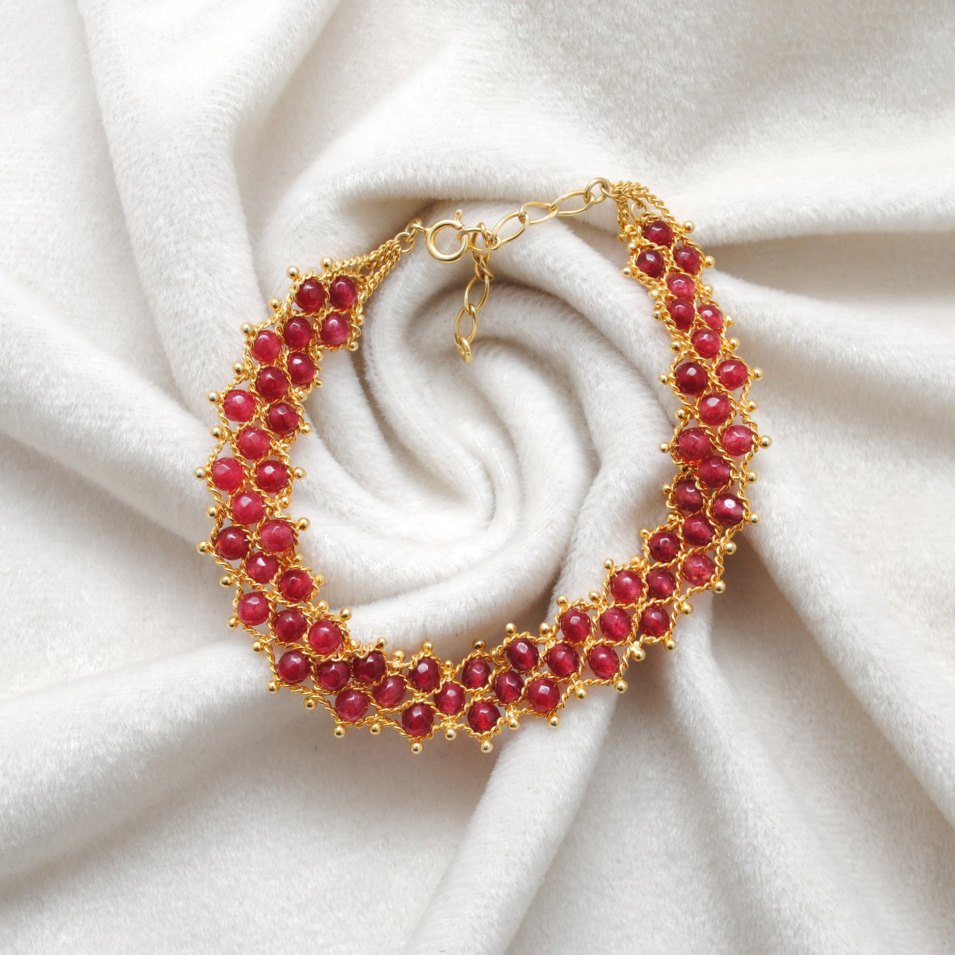 Handmade Ruby Gold Bracelet Victorian Style - Flat Lay View