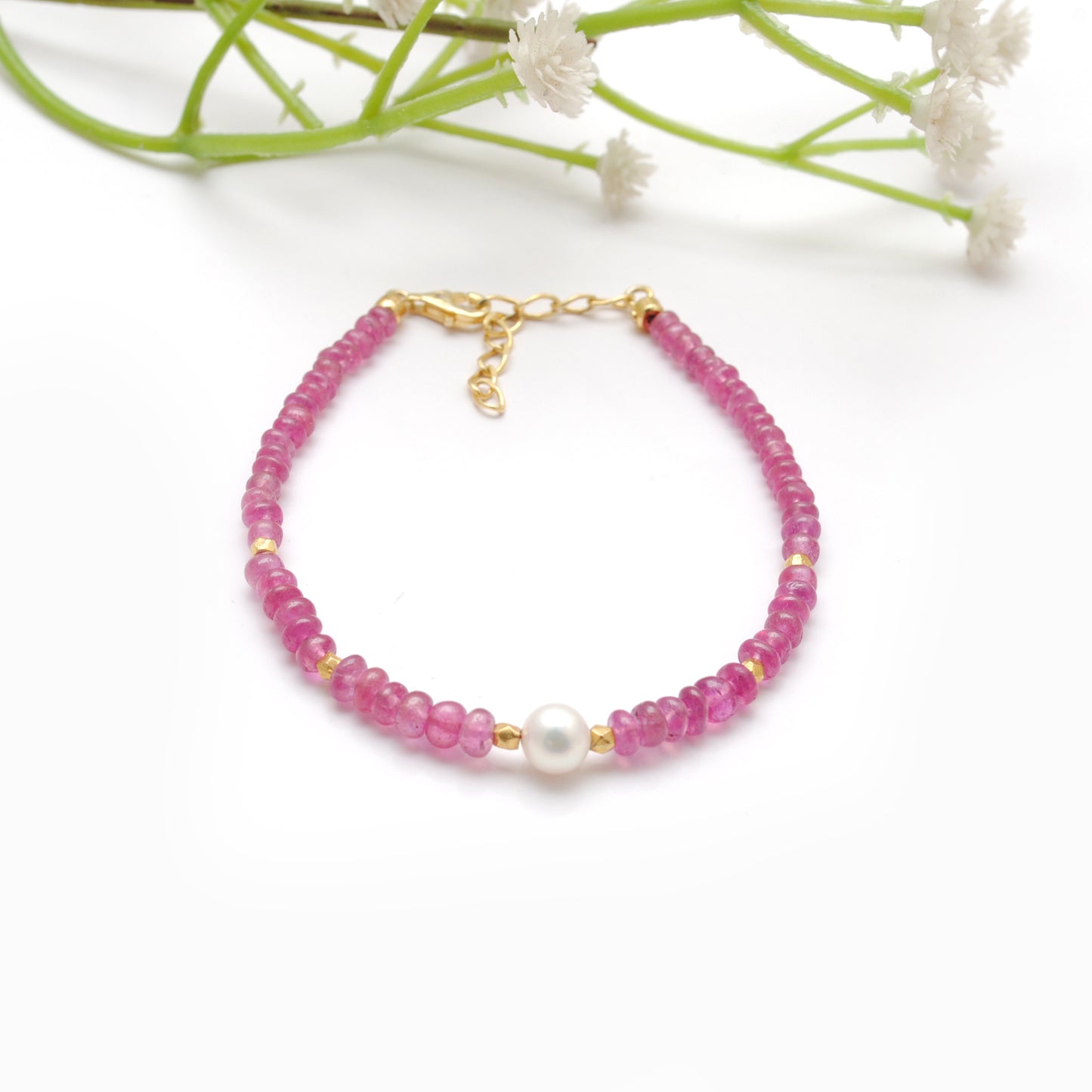 Handmade Ruby Pearl Beaded Bracelet - Close-Up Bead Detail