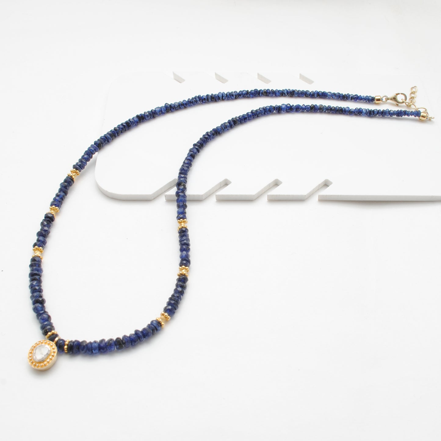 Handmade Sapphire Diamond Beaded Necklace - Flat Lay Overhead