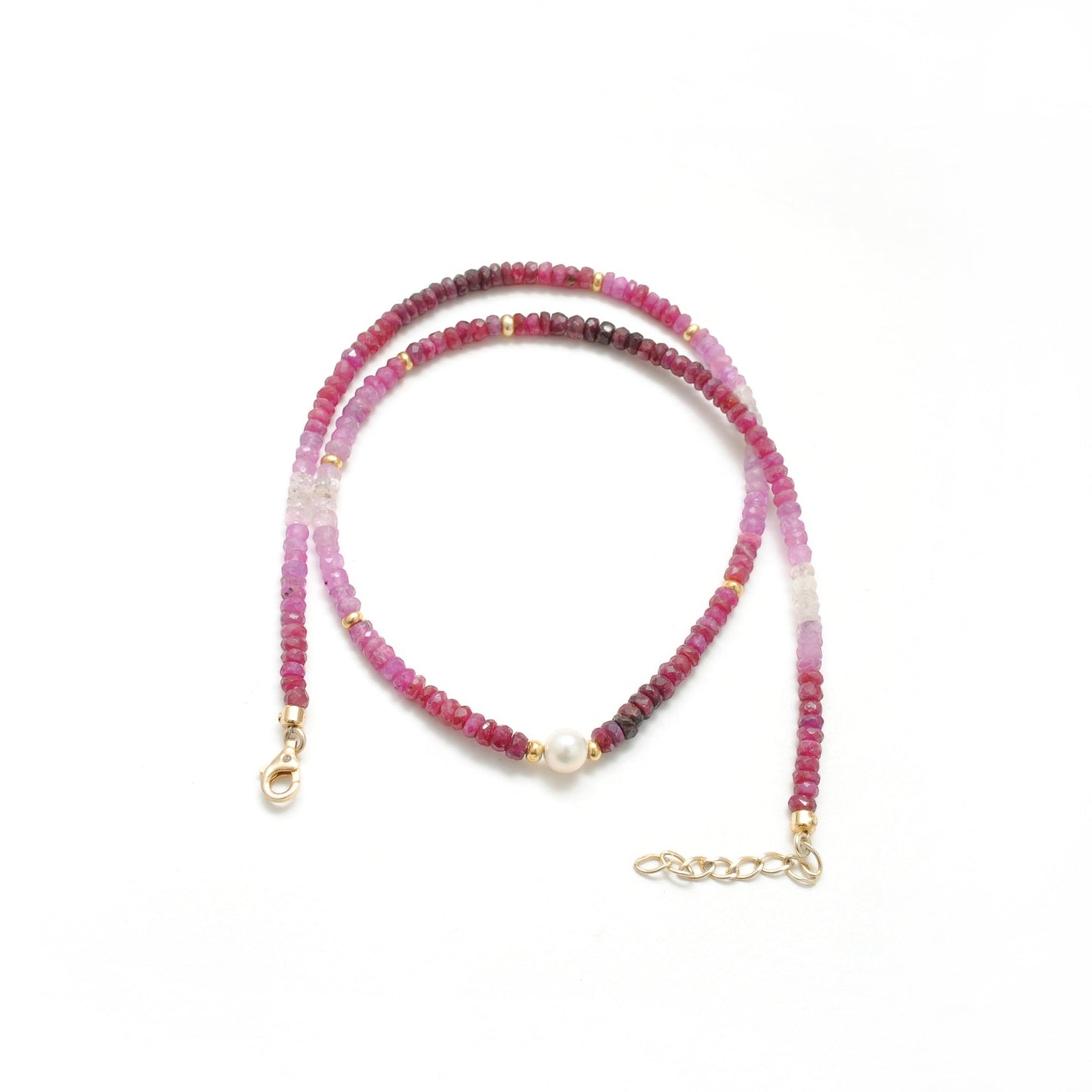 Handmade Shaded Ruby Pearl Necklace - Flat Lay View