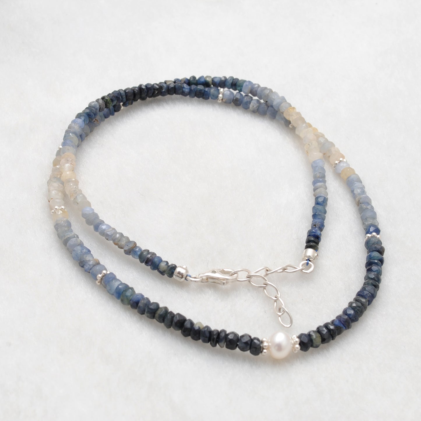 Handmade Shaded Sapphire Pearl Necklace - Flat Lay View