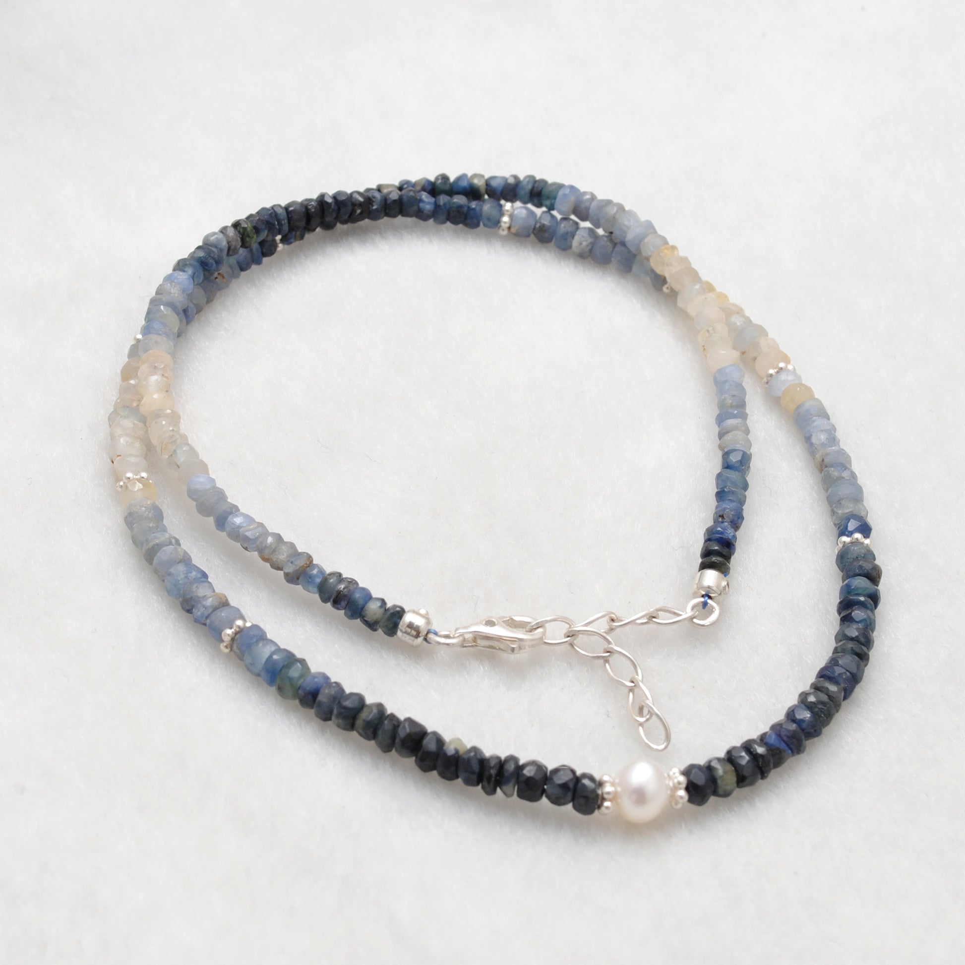 Handmade Shaded Sapphire Pearl Necklace - Flat Lay View