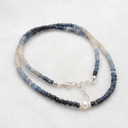 Handmade Shaded Sapphire Pearl Necklace - Flat Lay View