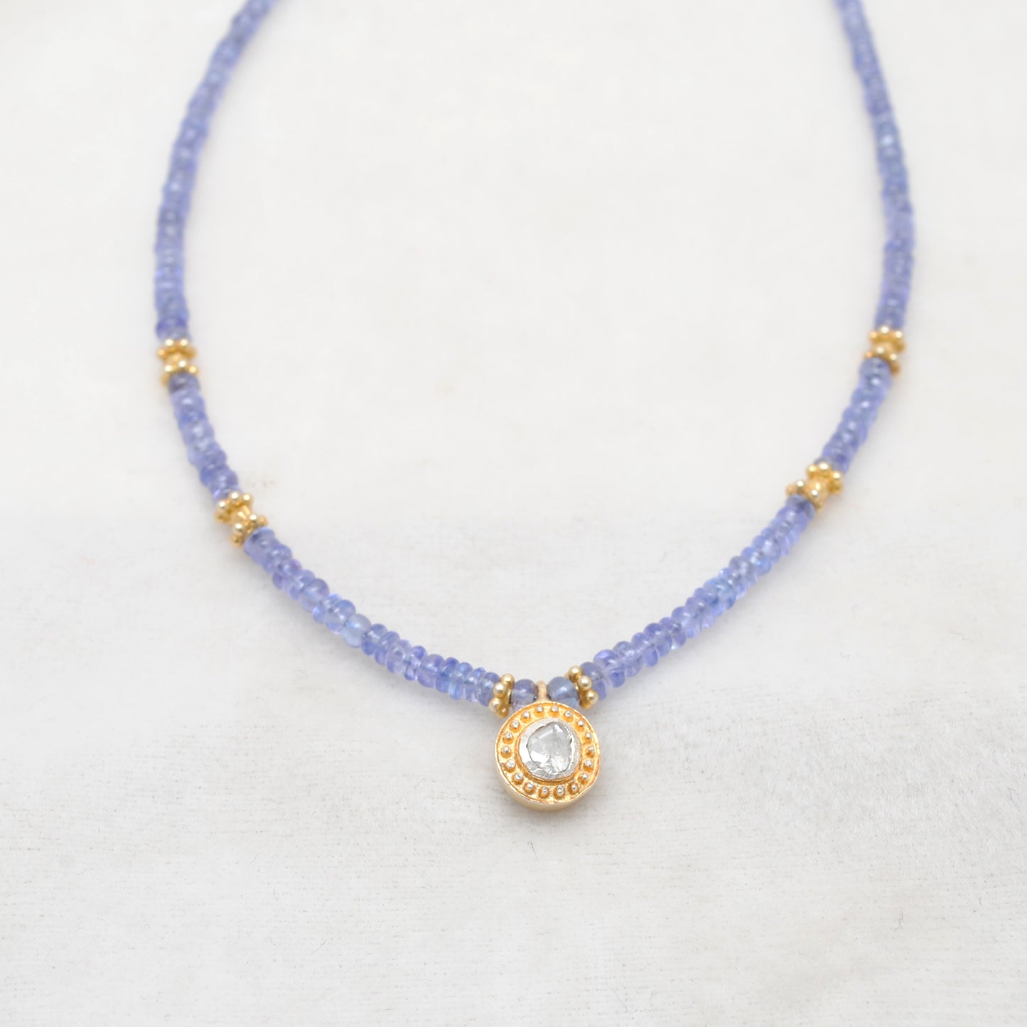 Handmade Tanzanite Beaded Necklace Rose Cut Diamond - Close-Up Detail