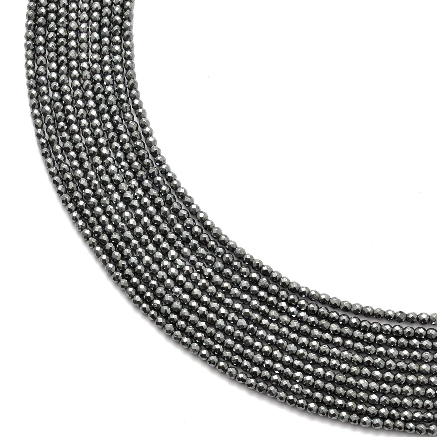 Hematite round faceted beads strand - front view mirror metallic