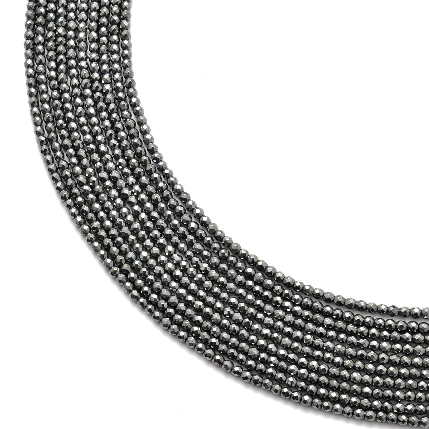 Hematite round faceted beads strand - front view mirror metallic