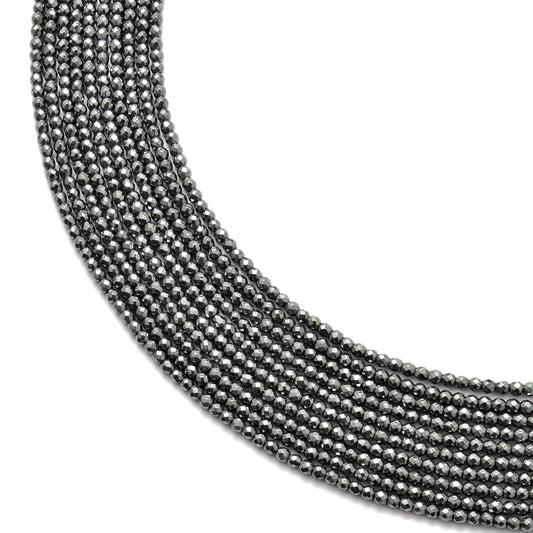 Hematite round faceted beads strand - front view mirror metallic