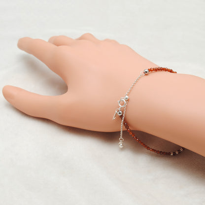 Hessonite Garnet Dainty Beaded Bracelet - Side Profile Silver
