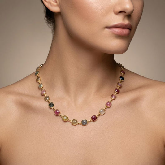 925 Sterling Silver Natural Multi-Sapphire Cushion Necklace 26"
