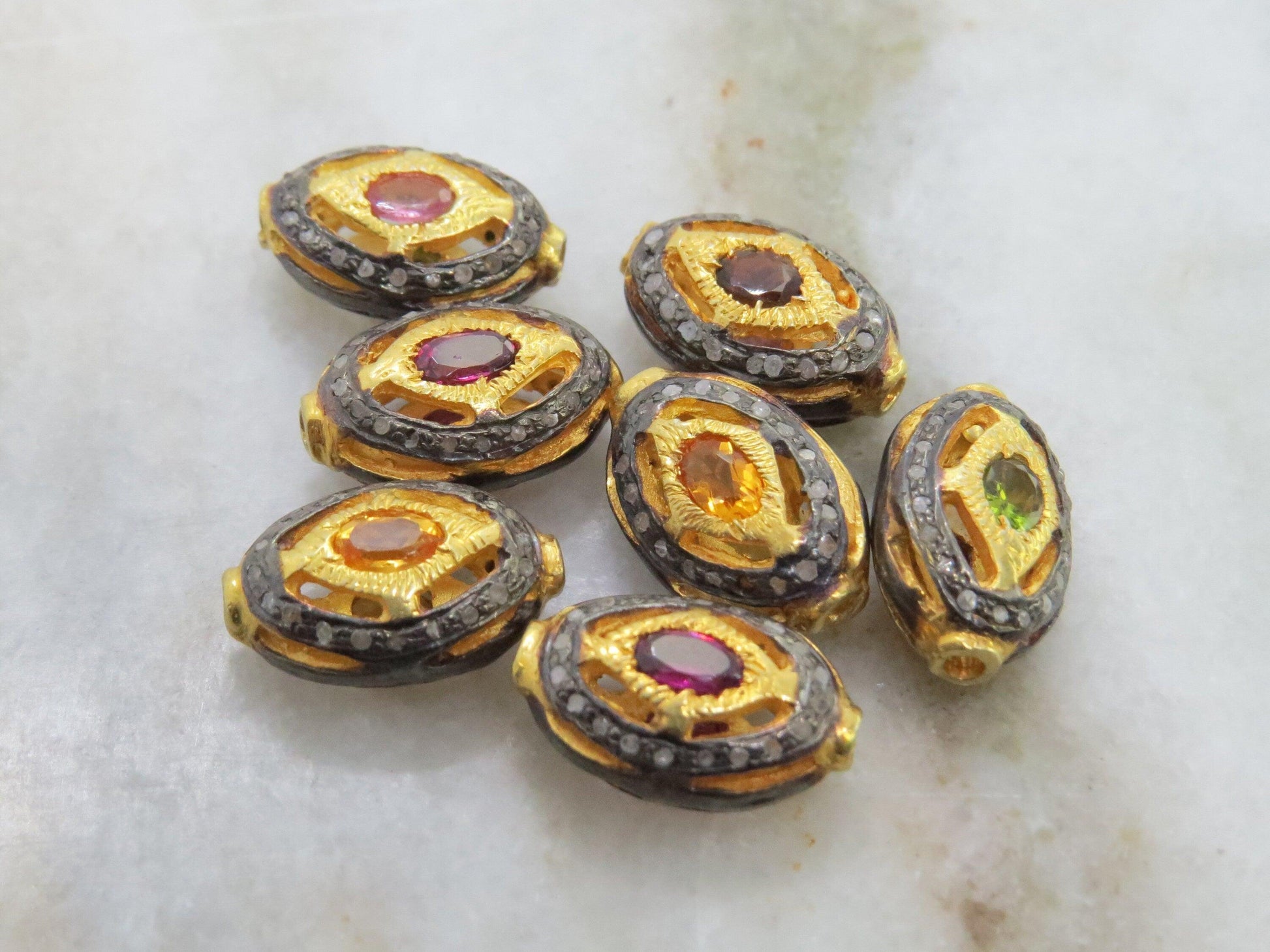 925 Sterling Silver Pave Diamond Multi-Gemstone Oval Beads - Kanika Creations