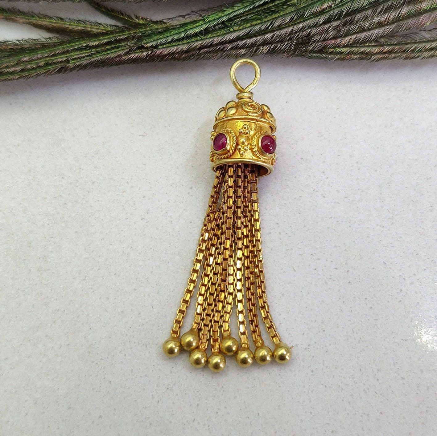 18k Gold Tassel Charm Pendant With Ruby Stone - Kanika Creations