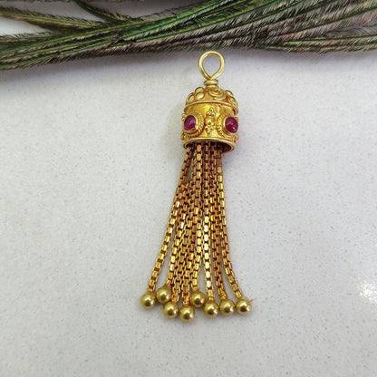 18k Gold Tassel Charm Pendant With Ruby Stone - Kanika Creations