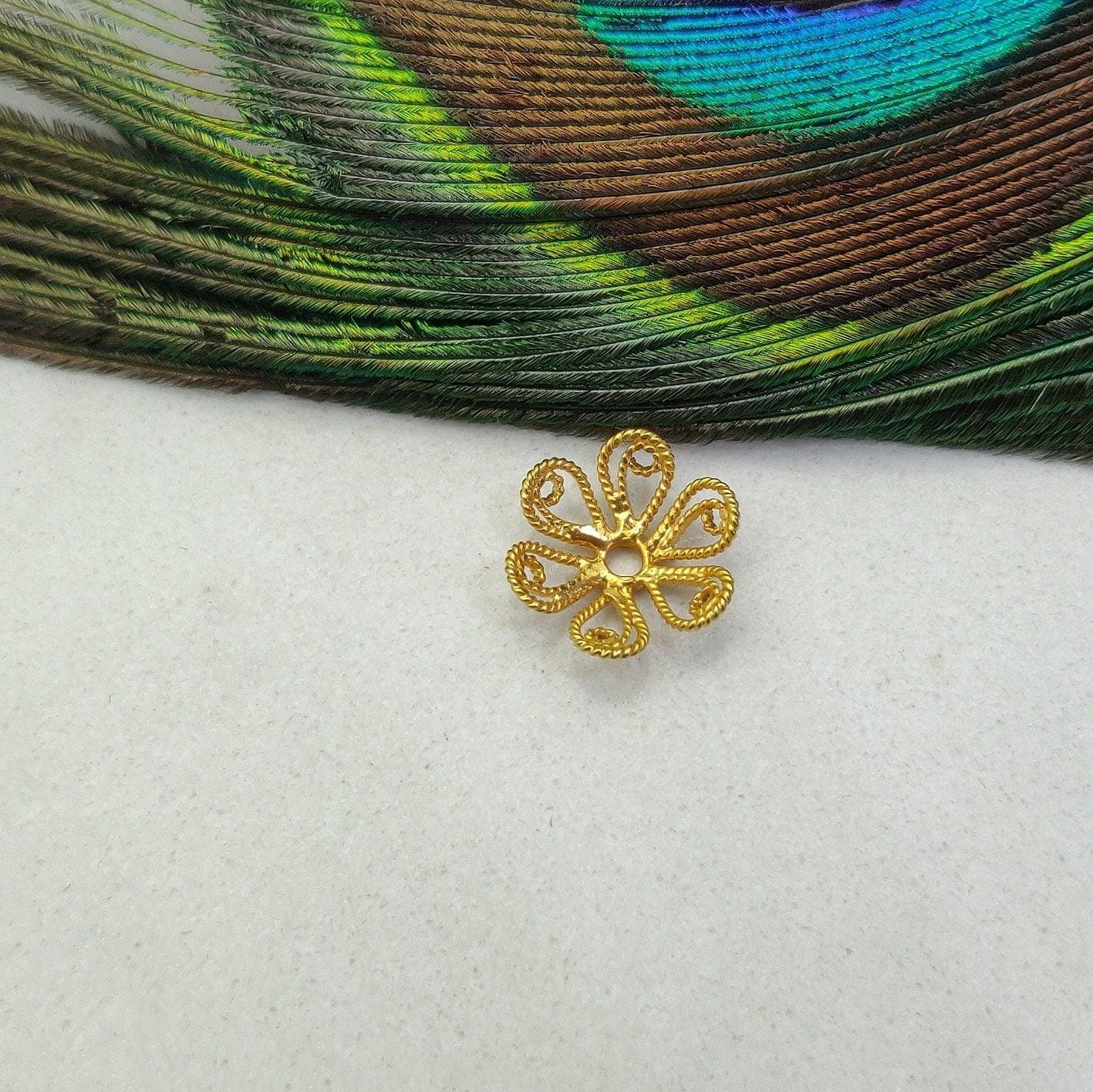 18k Yellow Gold Filigree Flower Beads Caps DIY Craft 12mm - Kanika Creations