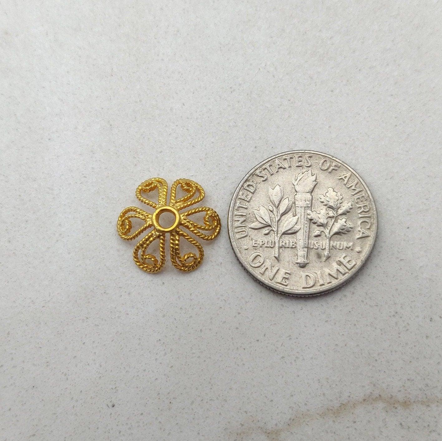 18k Yellow Gold Filigree Flower Beads Caps DIY Craft 12mm - Kanika Creations