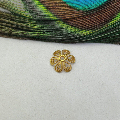 18k Yellow Gold Filigree Flower Beads Caps DIY Craft 12mm - Kanika Creations