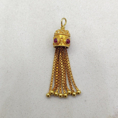 18k Gold Tassel Charm Pendant With Ruby Stone - Kanika Creations