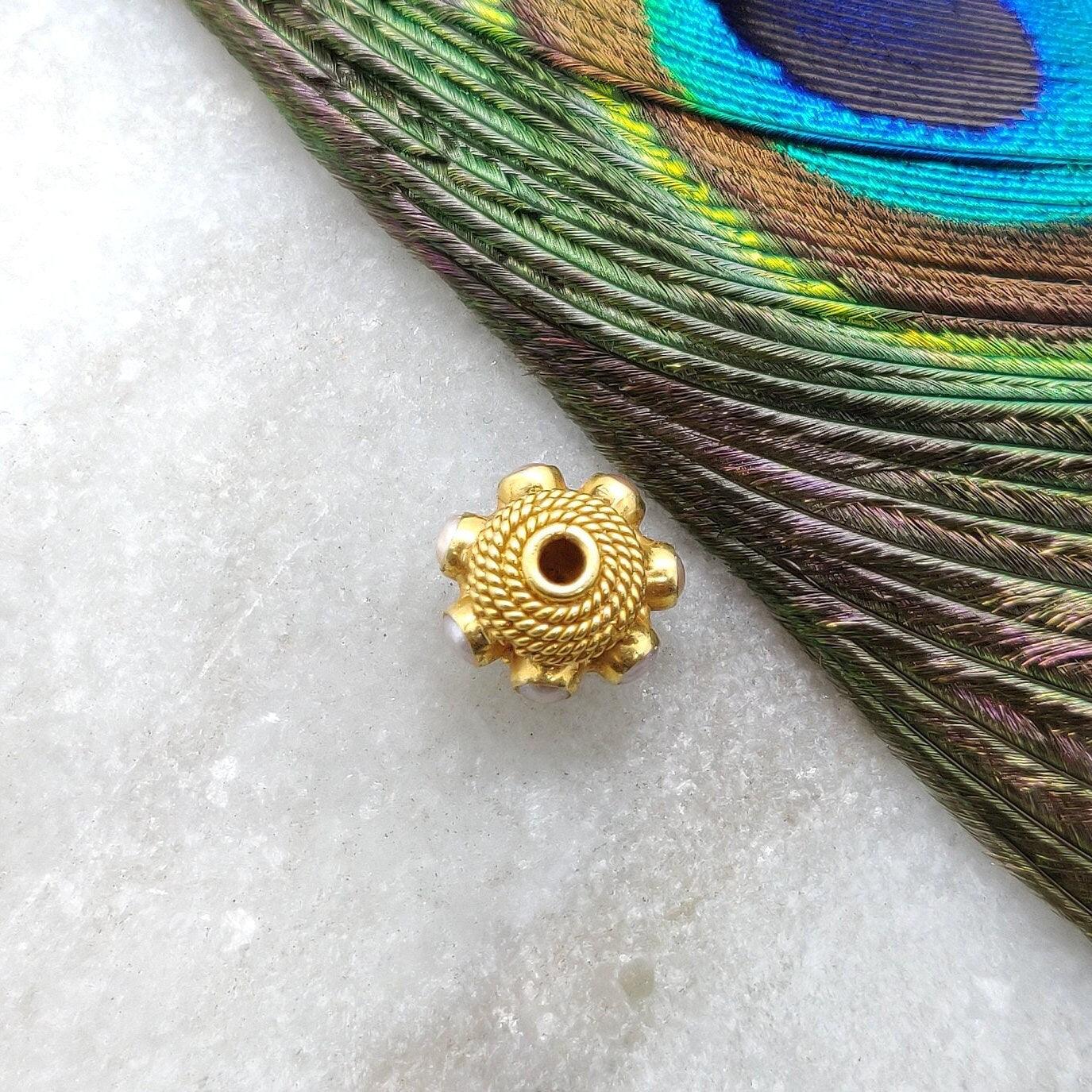 18k Gold Engrave Pearl stone Rondelle Spacer Bead 10mm - Kanika Creations