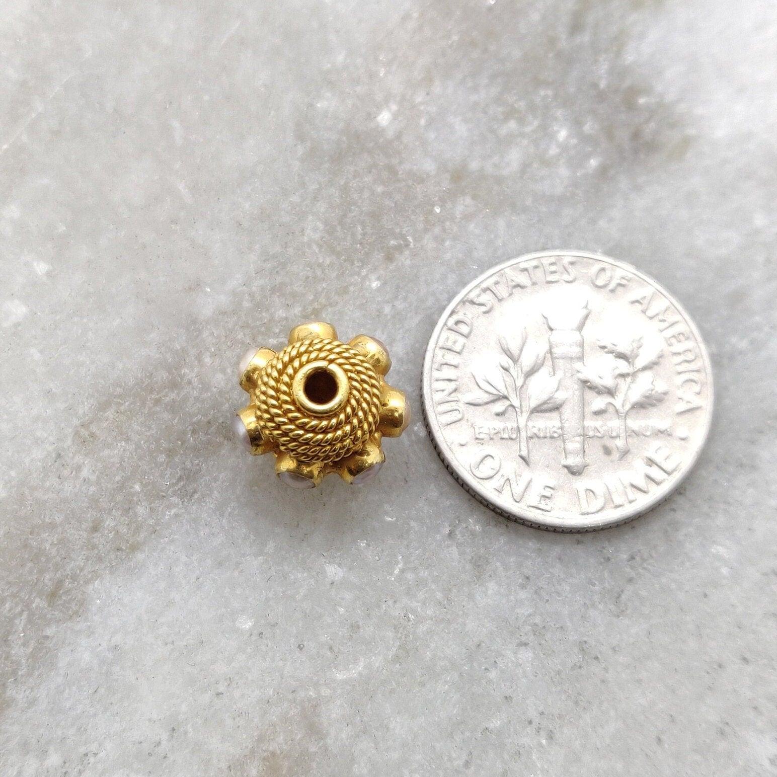 18k Gold Engrave Pearl stone Rondelle Spacer Bead 10mm - Kanika Creations