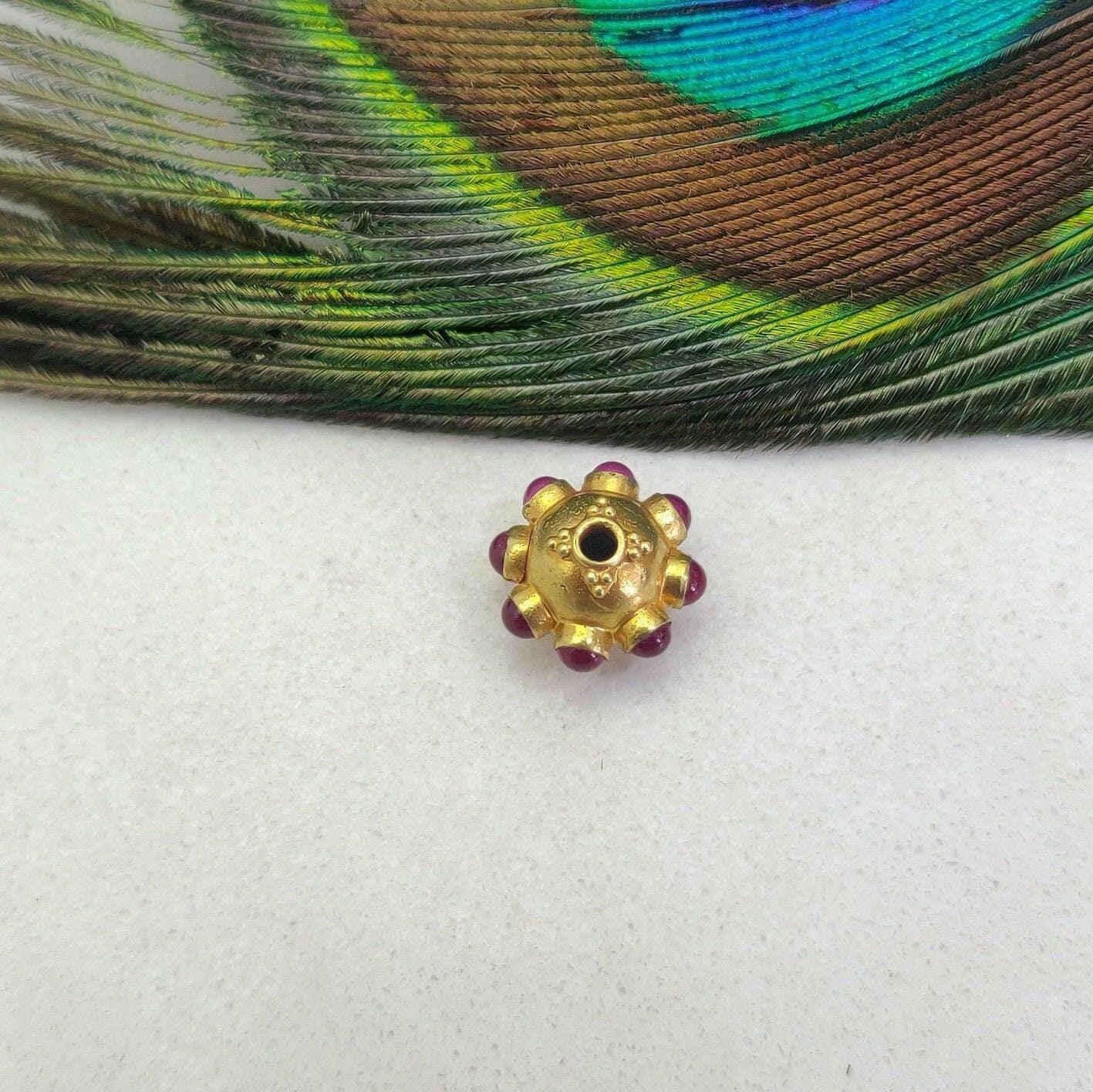 18k Solid Yellow Gold Ruby Round Flower Spacer Beads 8.4mm - Kanika Creations