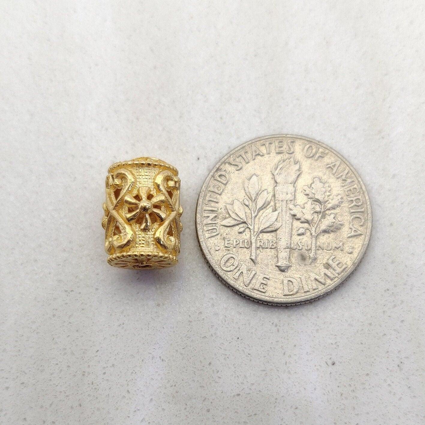 18k Yellow Gold Carved Tube Spacer Bead Finding 10mm - Kanika Creations