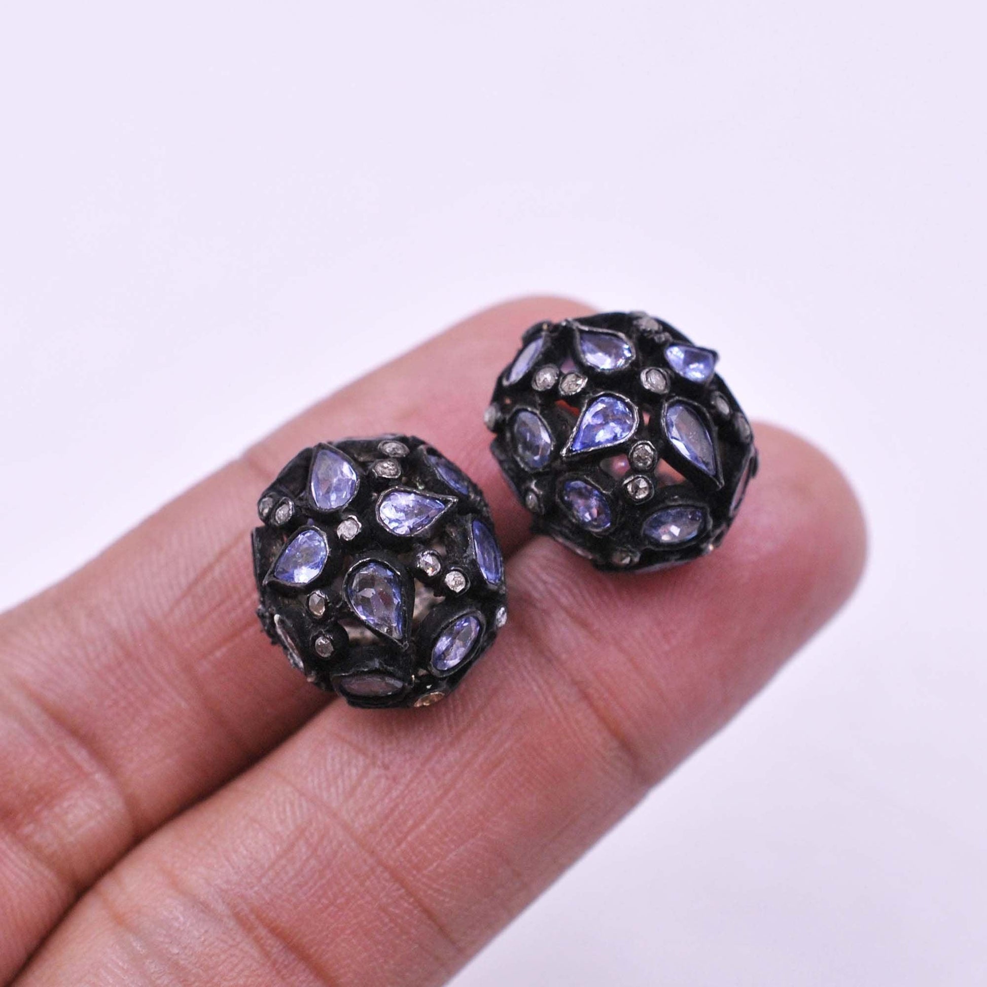 925 Sterling Silver Pave Diamond & Tanzanite Rondelle Beads - Kanika Creations