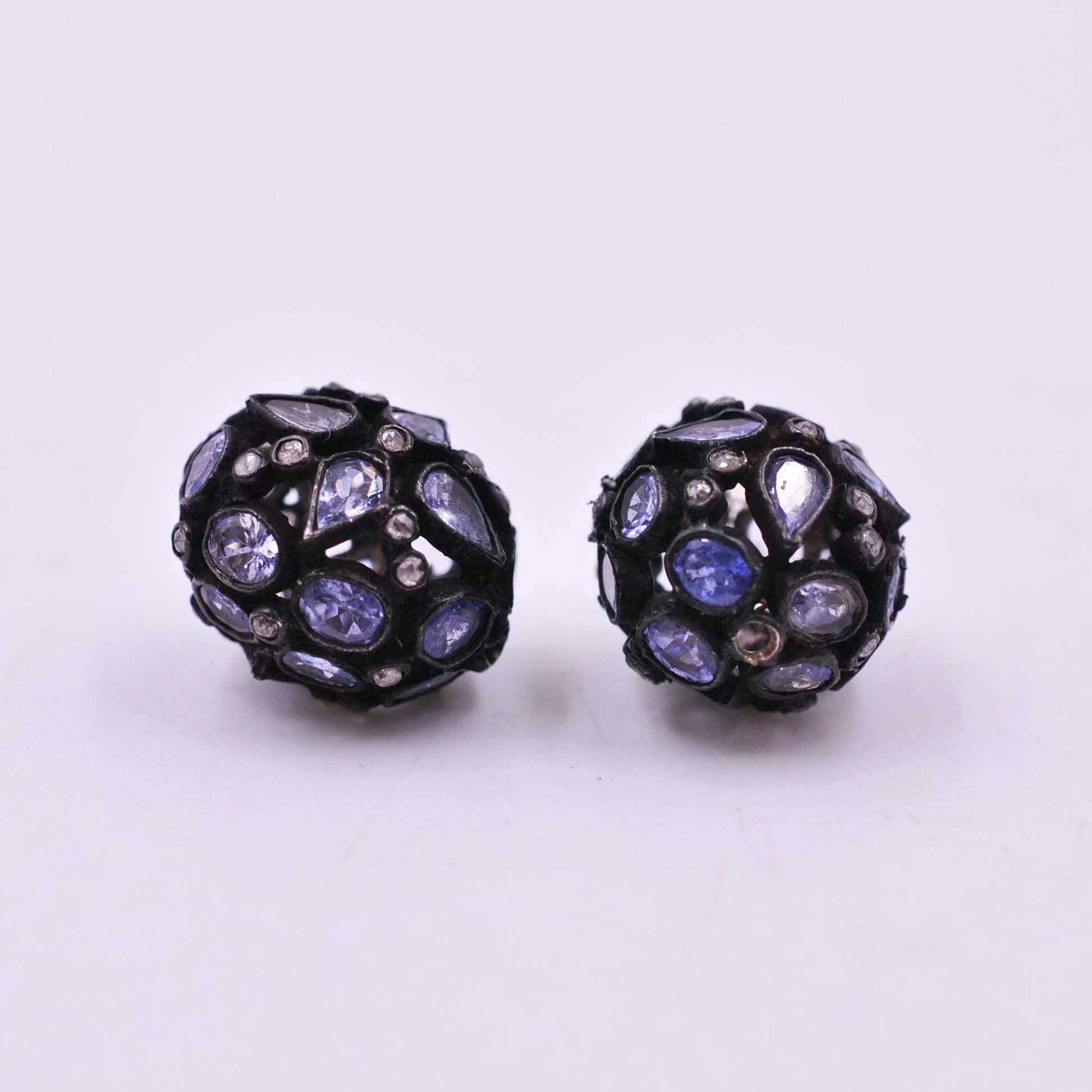 925 Sterling Silver Pave Diamond & Tanzanite Rondelle Beads - Kanika Creations