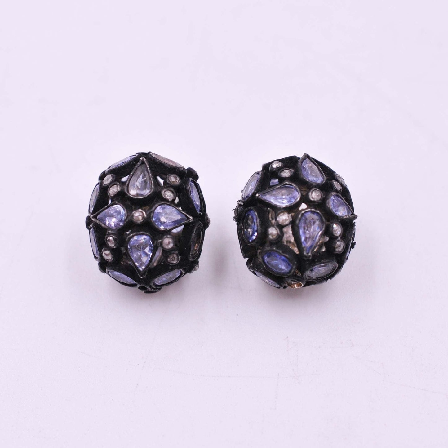 925 Sterling Silver Pave Diamond & Tanzanite Rondelle Beads - Kanika Creations