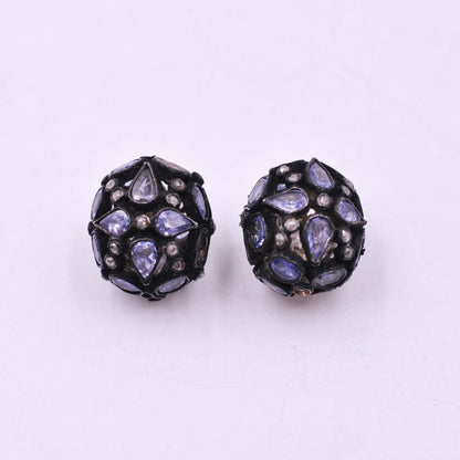 925 Sterling Silver Pave Diamond & Tanzanite Rondelle Beads - Kanika Creations