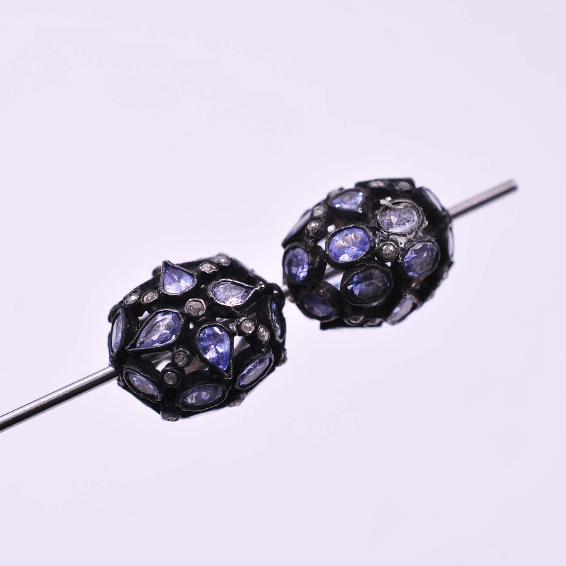 925 Sterling Silver Pave Diamond & Tanzanite Rondelle Beads - Kanika Creations