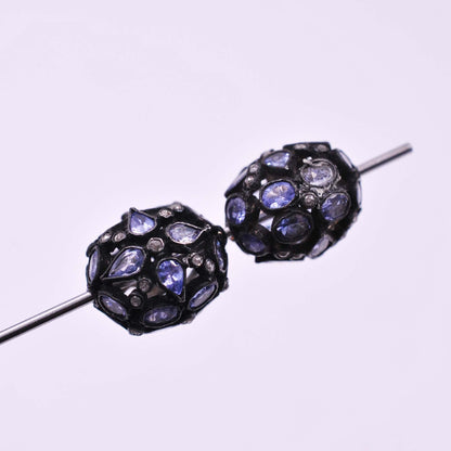 925 Sterling Silver Pave Diamond & Tanzanite Rondelle Beads - Kanika Creations