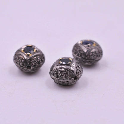925 Sterling Silver Blue Sapphire & Pave Diamond Spacer Beads - Kanika Creations