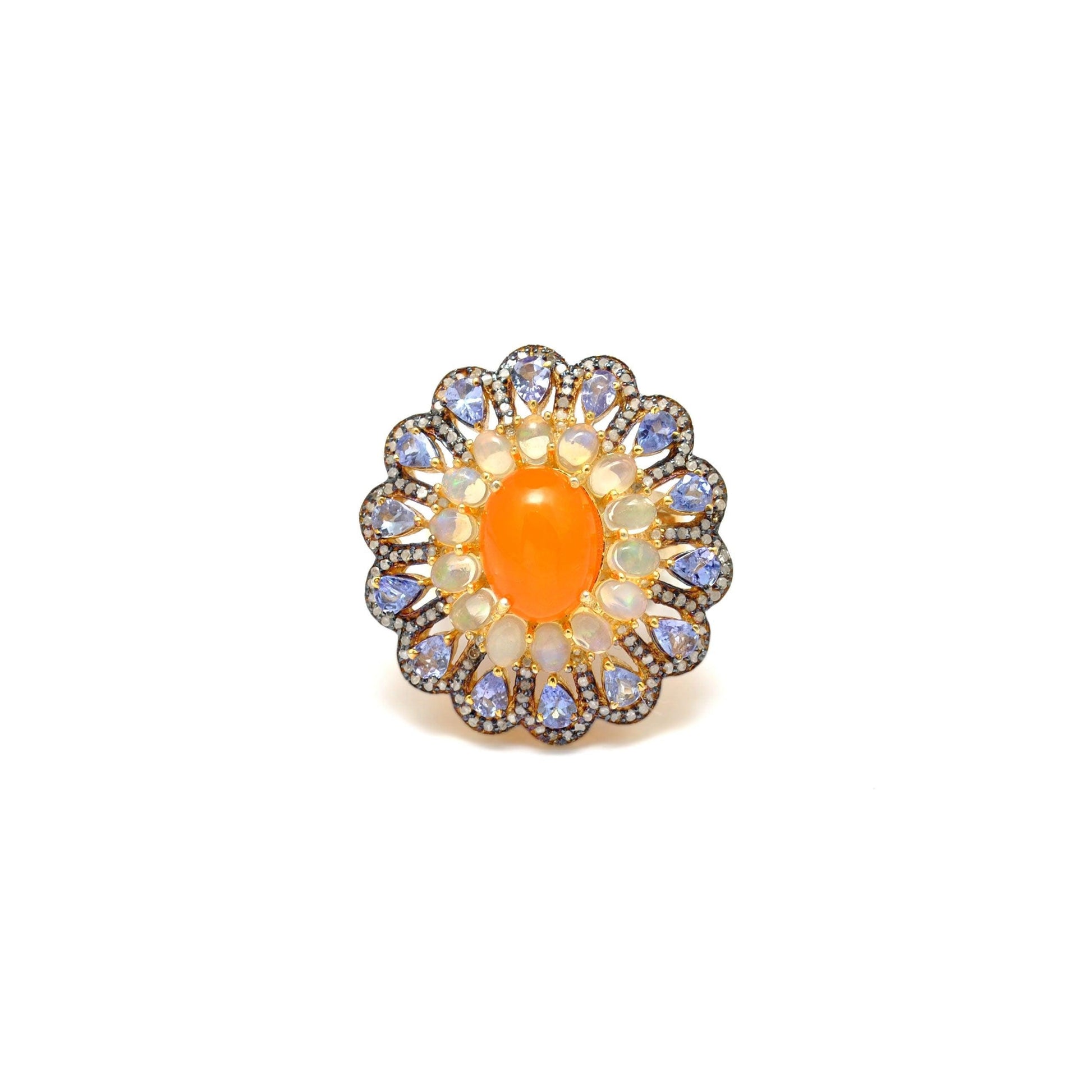 Victorian Tanzanite With Opal Diamond Silver Ring Size 7 - Kanika Creations