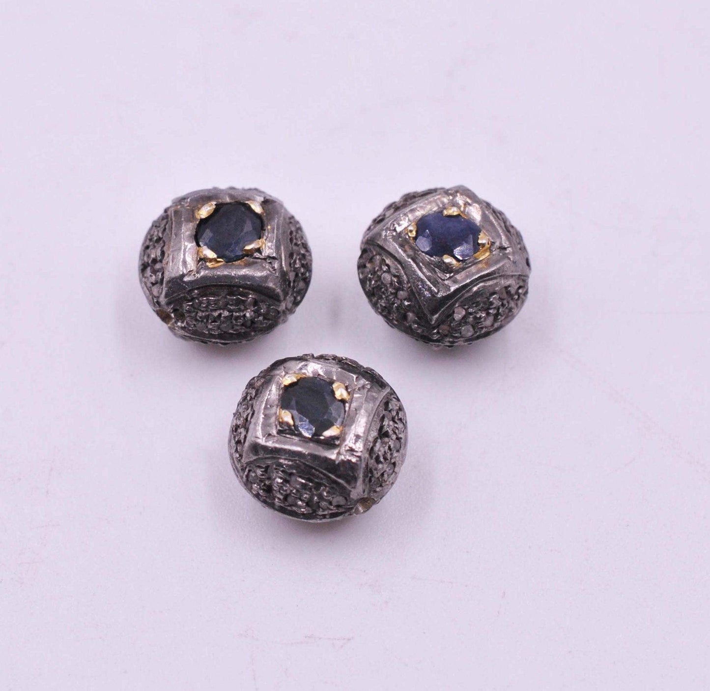 925 Sterling Silver Blue Sapphire & Pave Diamond Spacer Beads - Kanika Creations