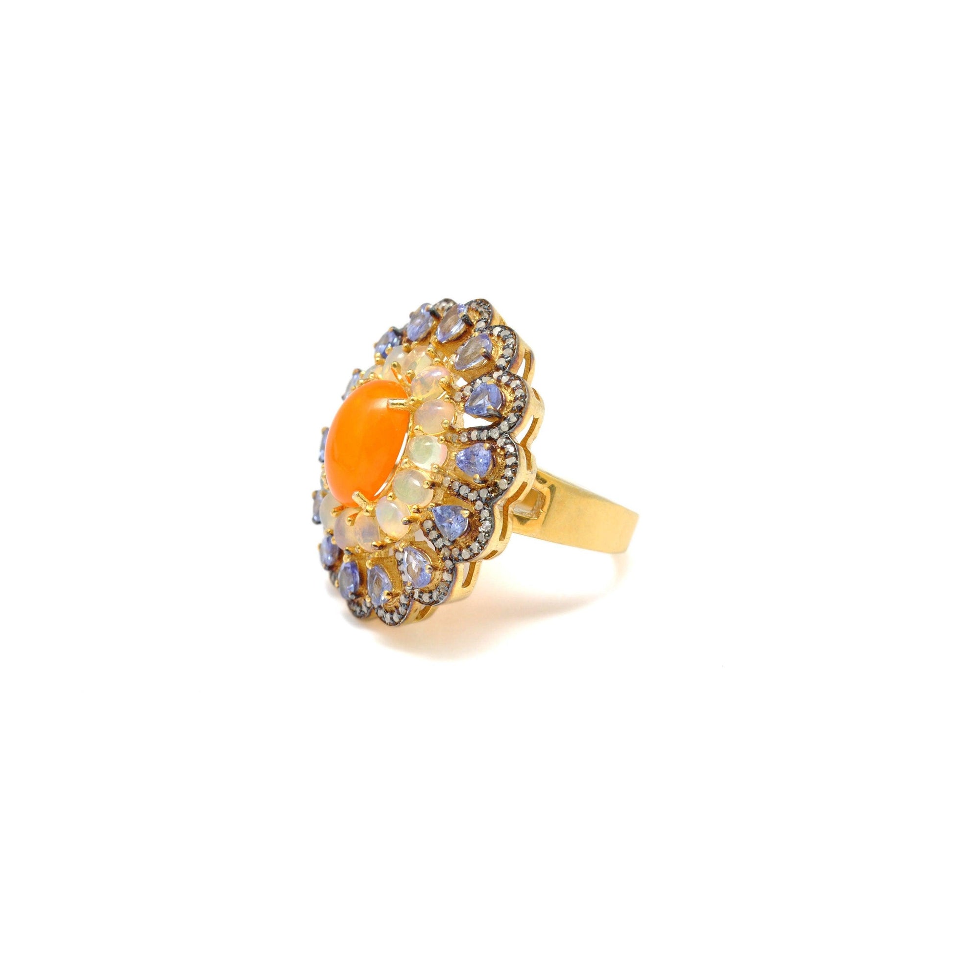 Victorian Tanzanite With Opal Diamond Silver Ring Size 7 - Kanika Creations