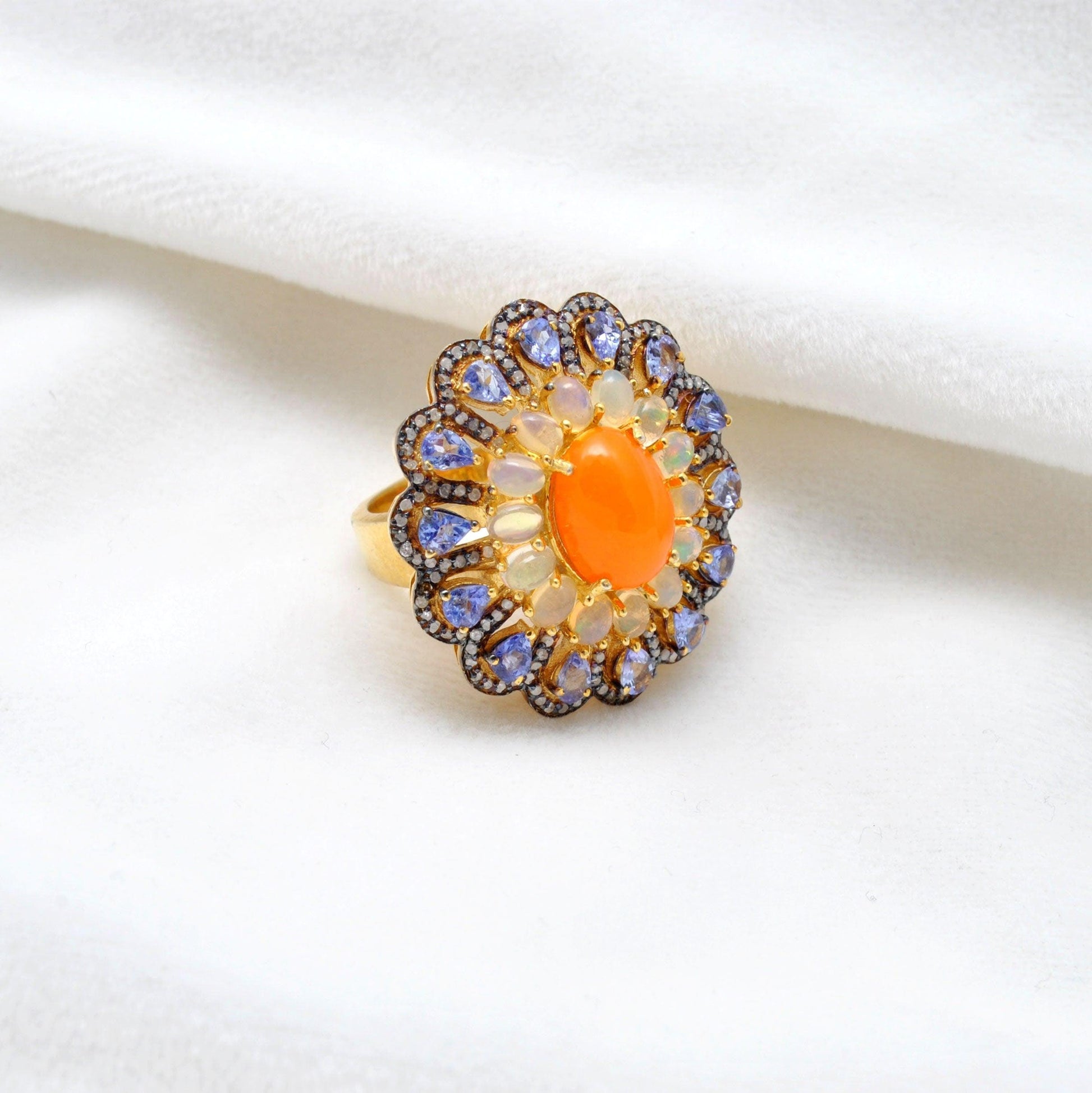Victorian Tanzanite With Opal Diamond Silver Ring Size 7 - Kanika Creations