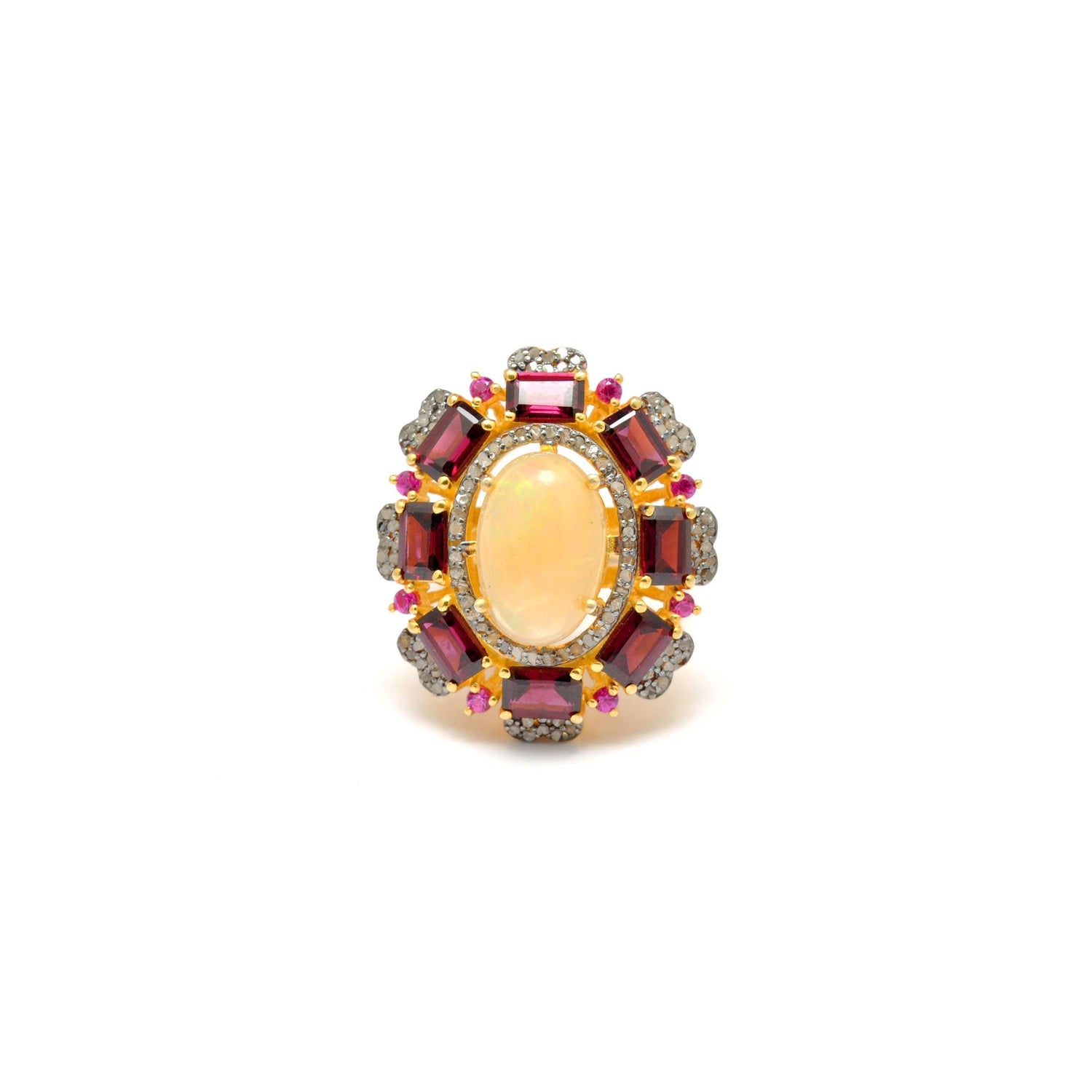 925 Silver Gold Plated Ethiopian Opal & Garnet Halo Victorian Ring 8 US - Kanika Creations