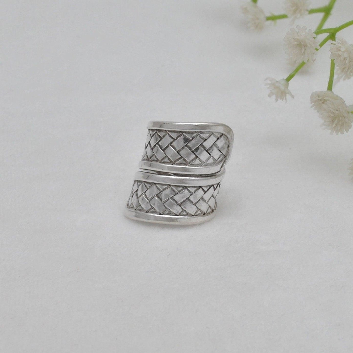 Tribal Braided 925 Silver Long Statement Ring Size 9 - Kanika Creations