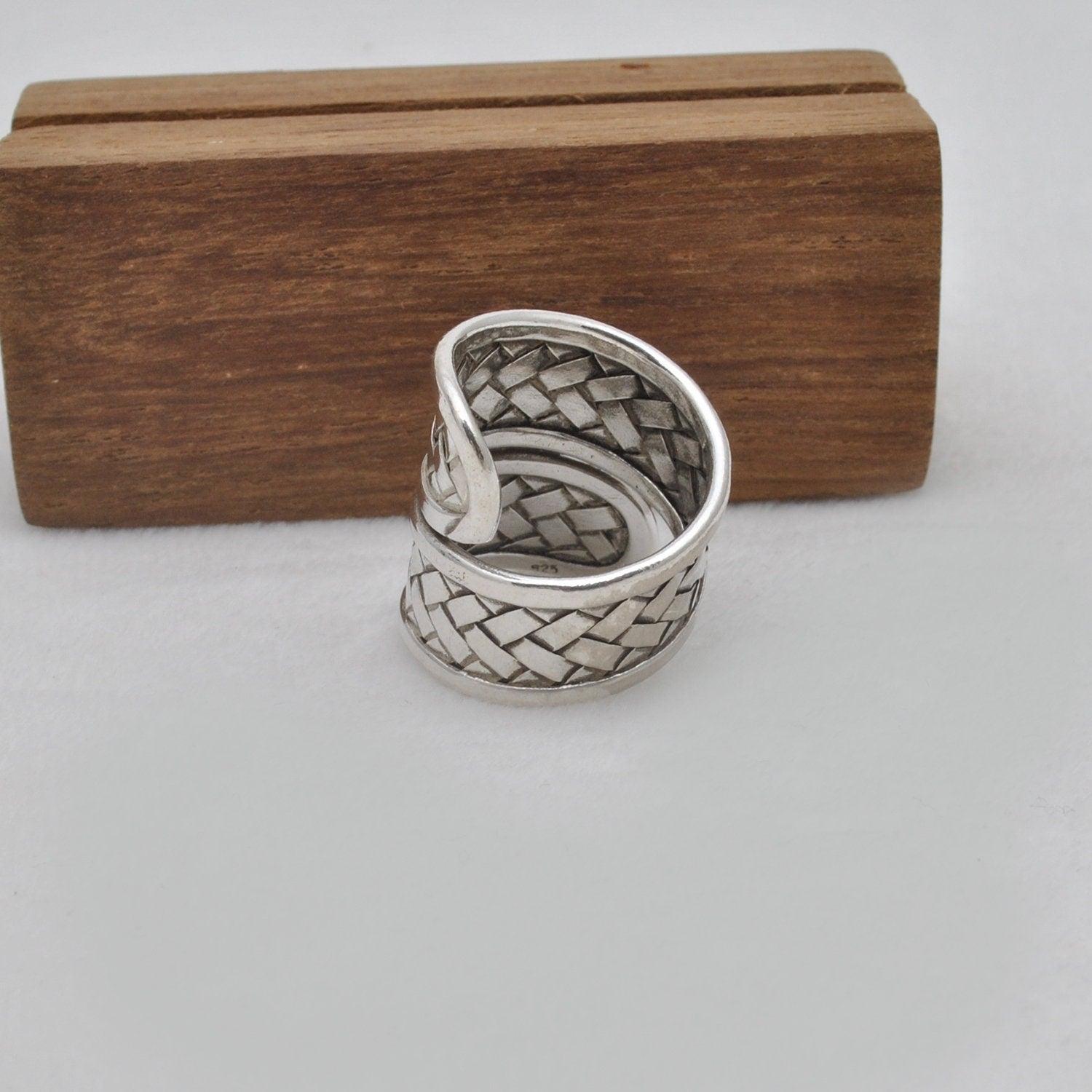 Tribal Braided 925 Silver Long Statement Ring Size 9 - Kanika Creations
