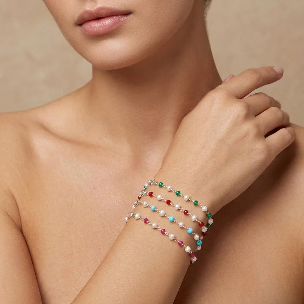925 Sterling Silver Pearl with Multi-Gemstone Beaded Bracelet – Boho Jewelry