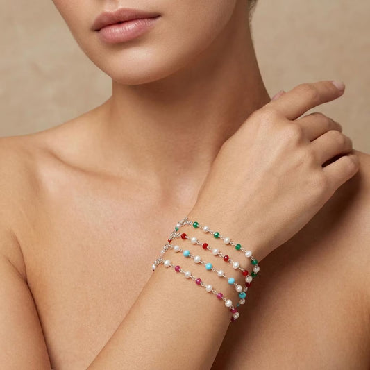925 Sterling Silver Pearl with Multi-Gemstone Beaded Bracelet – Boho Jewelry