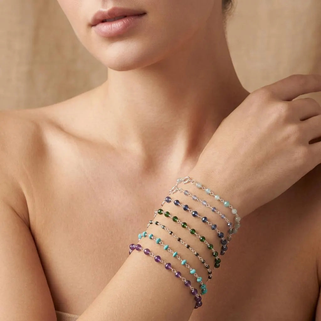 925 Sterling Silver Multi-Gemstone Beaded Bracelet – Aqua, Amethyst & More