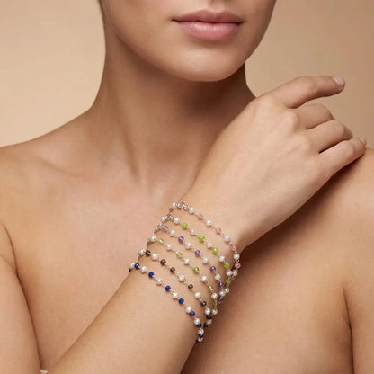 925 Silver Multi-Gemstone & Pearl Bracelet – Amethyst, Chalcedony, Smoky Quartz