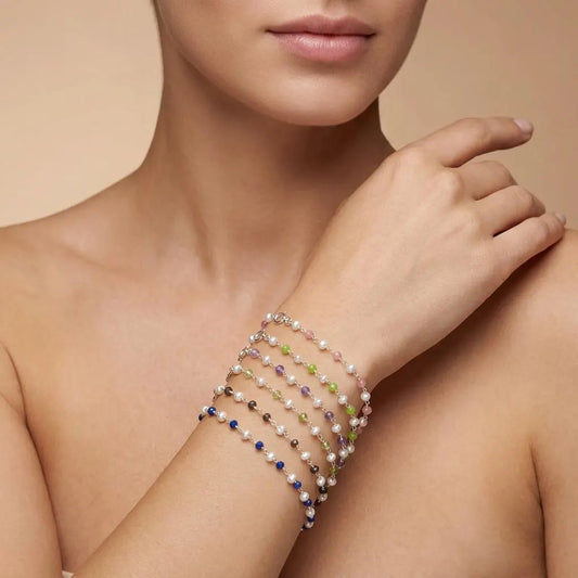 925 Silver Multi-Gemstone & Pearl Bracelet – Amethyst, Chalcedony, Smoky Quartz