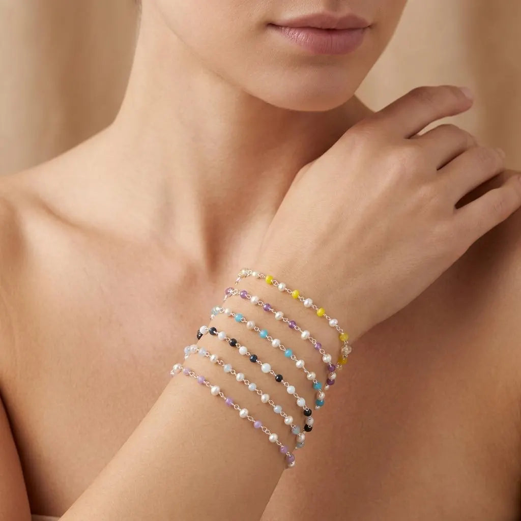 925 Silver Gemstone & Pearl Bracelet – Yellow Chalcedony, Amethyst, Sapphire Quartz