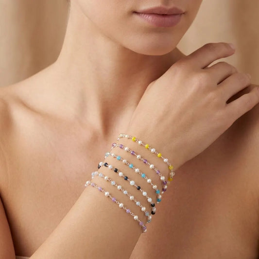 925 Silver Gemstone & Pearl Bracelet – Yellow Chalcedony, Amethyst, Sapphire Quartz