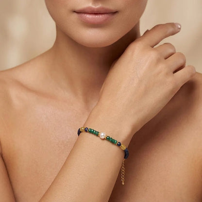 Natural Emerald, Blue Sapphire & Pearl Beaded Bracelet | Handmade Multi-Gemstone Bracelet for Women | Birthstone Gift