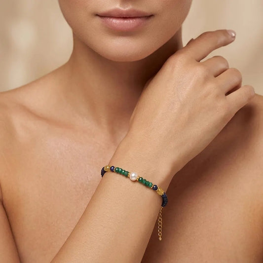 Natural Emerald, Blue Sapphire & Pearl Beaded Bracelet | Handmade Multi-Gemstone Bracelet for Women | Birthstone Gift