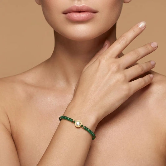 Natural Emerald & Diamond Beaded Bracelet | Handmade Gemstone Bracelet for Women | May Birthstone Luxury Gift