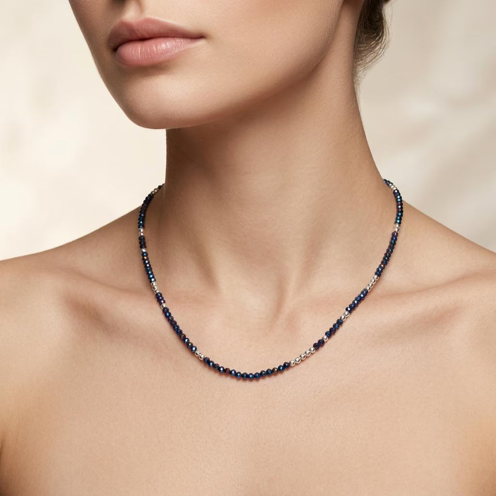 Natural Black Spinel Blue Mystic Coated Beaded Necklace | Handmade Dark Gemstone Strand Necklace for Women | Statement Gift